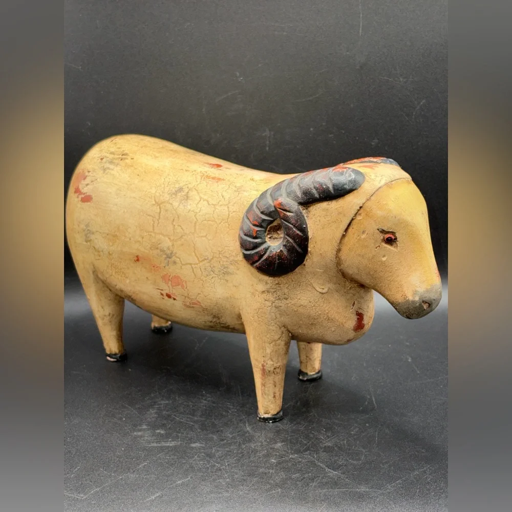 Vintage Hand Painted Carved Wood Sheep Ram Figure Sculpture Folk Art Collectible